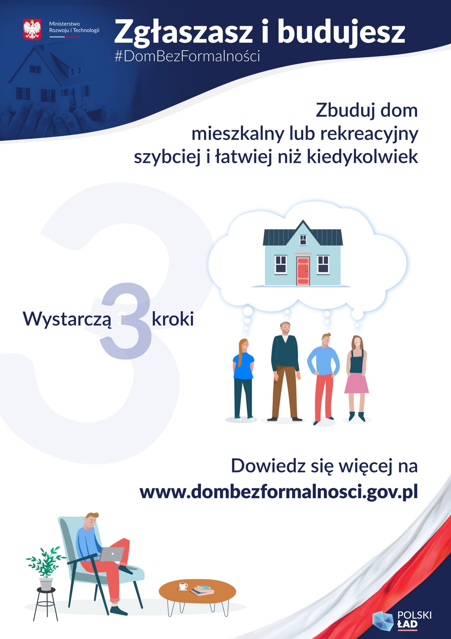 Plakat Zgłaszasz i budujesz #DomBezFormalności, Wystarczą 3 kroki. Dowiedz się więcej na www.dombezformalnosci.gov.pl