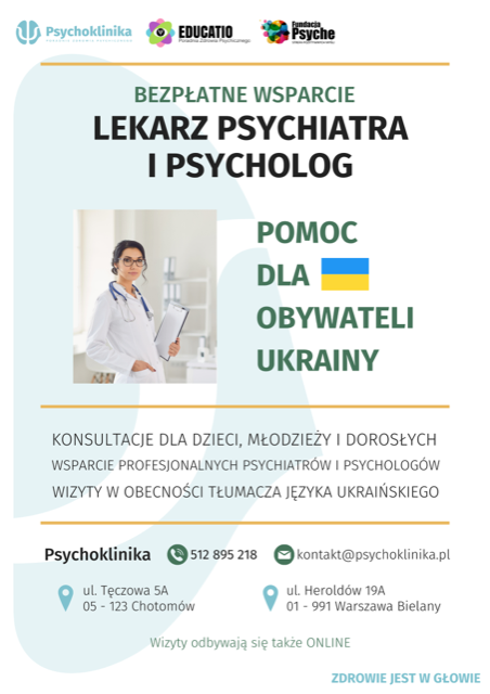 Plakat ze zdjęciem kobiety i napisem Bezpłatne wsparcie lekarza psychiatry i psychologa dla obywateli Ukrainy