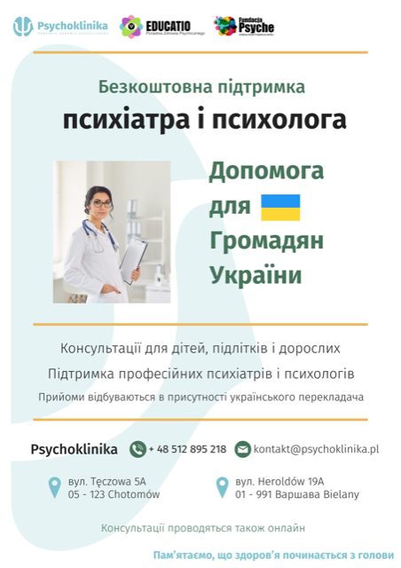Plakat ze zdjęciem kobiety i napisem Bezpłatne wsparcie lekarza psychiatry i psychologa dla obywateli Ukrainy w języku ukraińskim