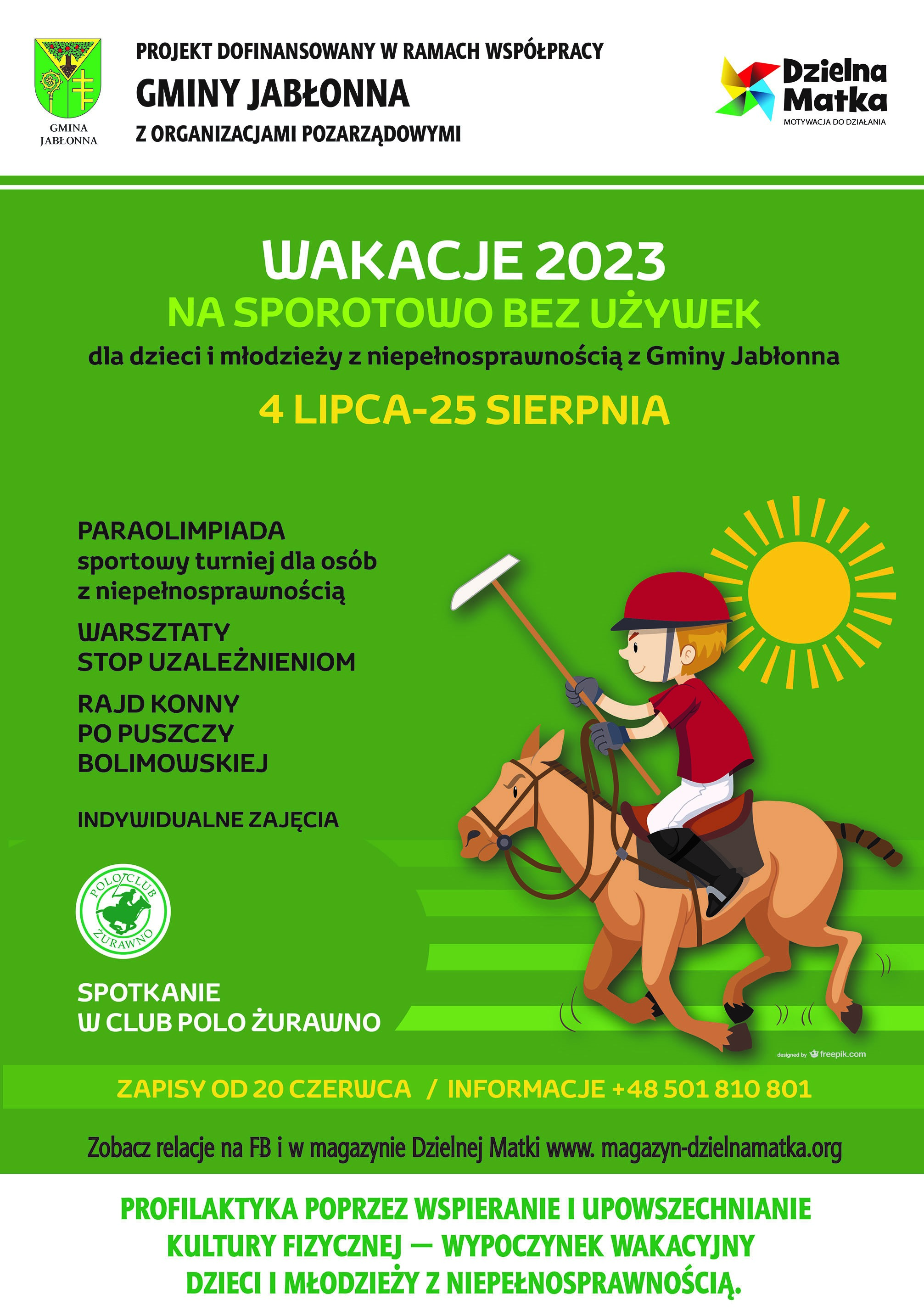 Plakat Wakacje 2023 na sportowo bez używek dla dzieci i młodzieży z Gminy Jabłonna