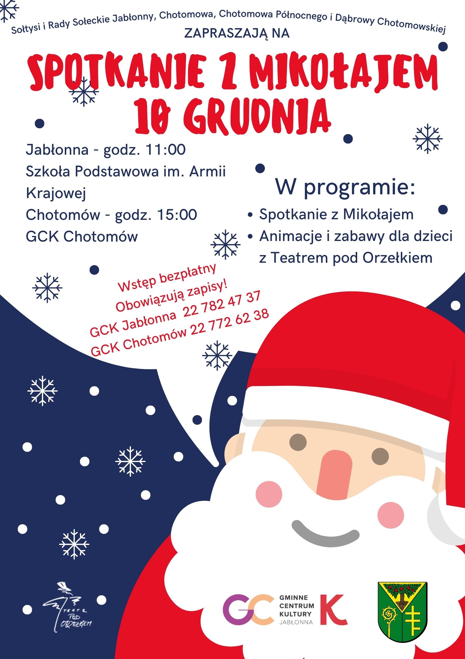 Plakat informujący o spotkaniu Mikołajkowym 10.12.22 r. w Chotomowie