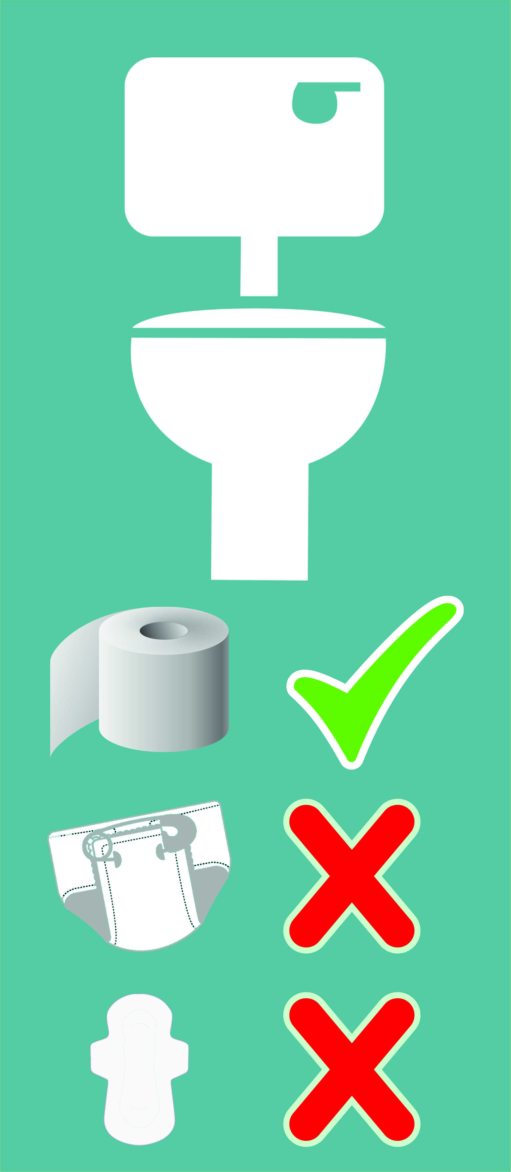 Grafika: na niebieskim tle toaleta, poniżej papier toaletowy i obok niego zielony znak dobrze, niżej podpaska i pielucha obok nich znak x źle