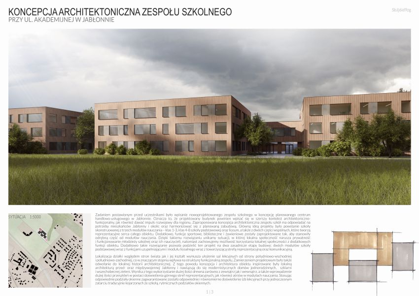 Koncepcja Architektoniczna Szkoły Podstawowej i Liceum na działce gminnej w Jabłonnie nagrodzona I miejscem