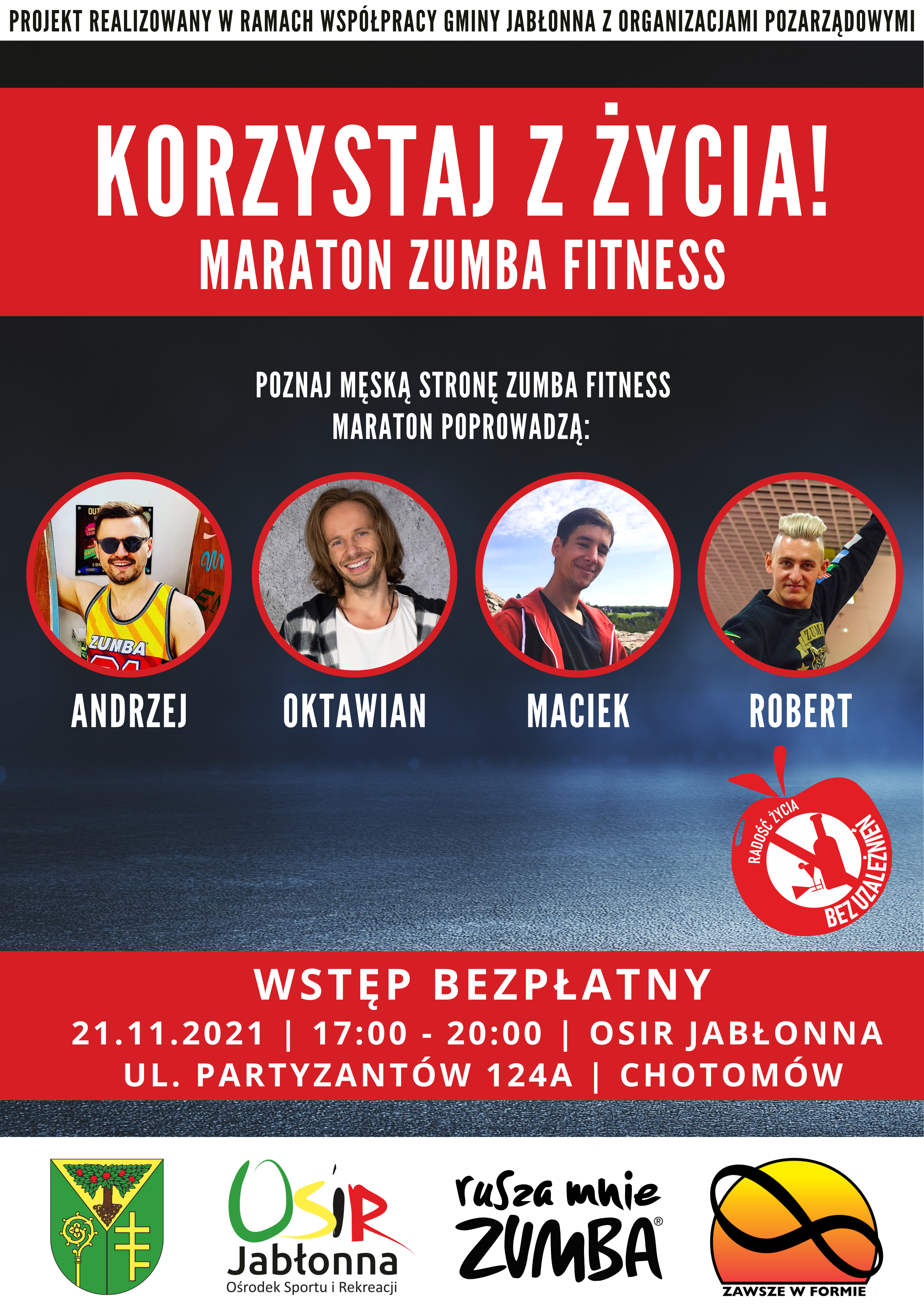 Plakat informacyjny: ZUMBA Korzystaj z życia, Maraton ZUMBA Fitness