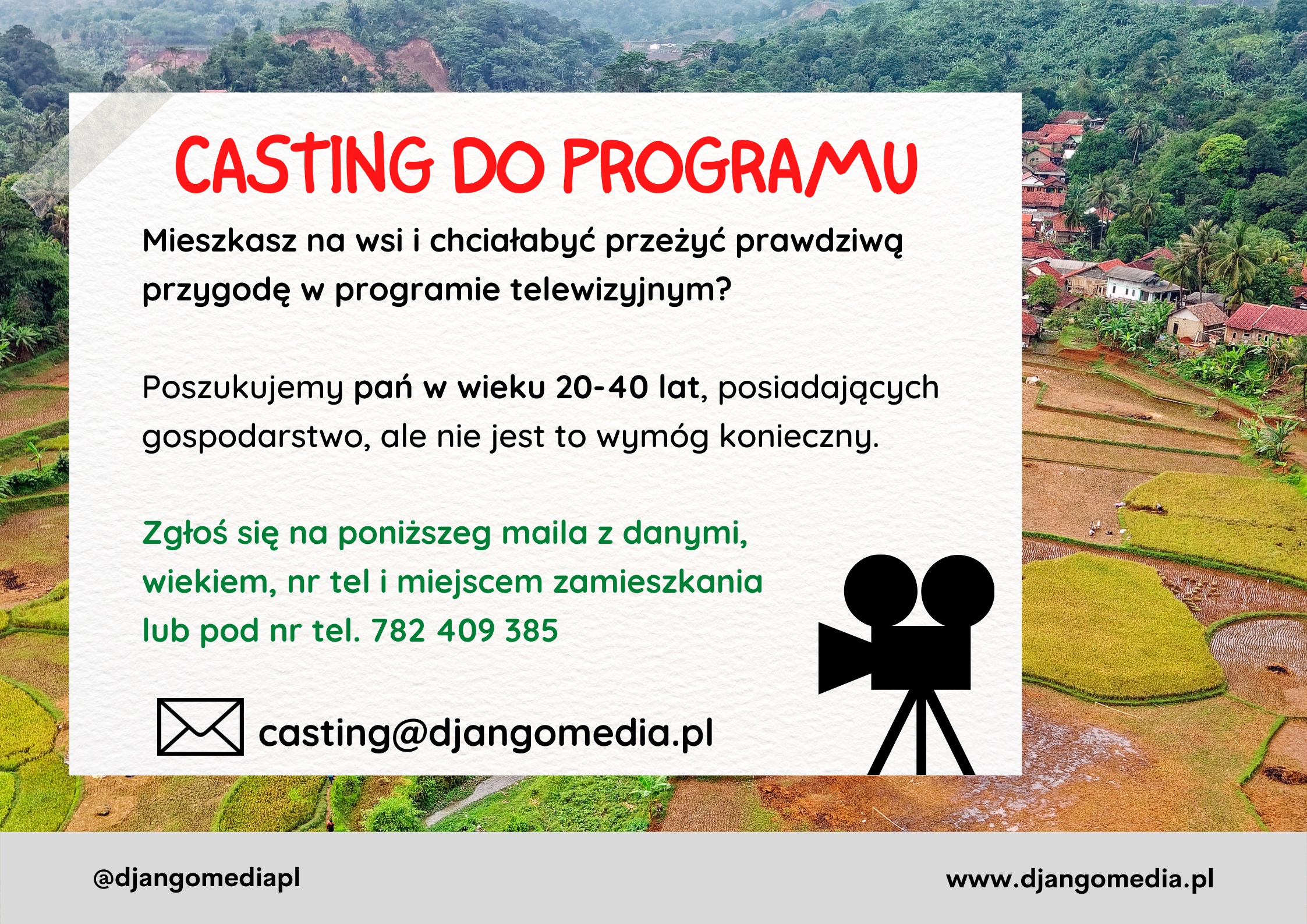 Plakat z ogłoszeniem o castingu dla pań żyjących na wsi