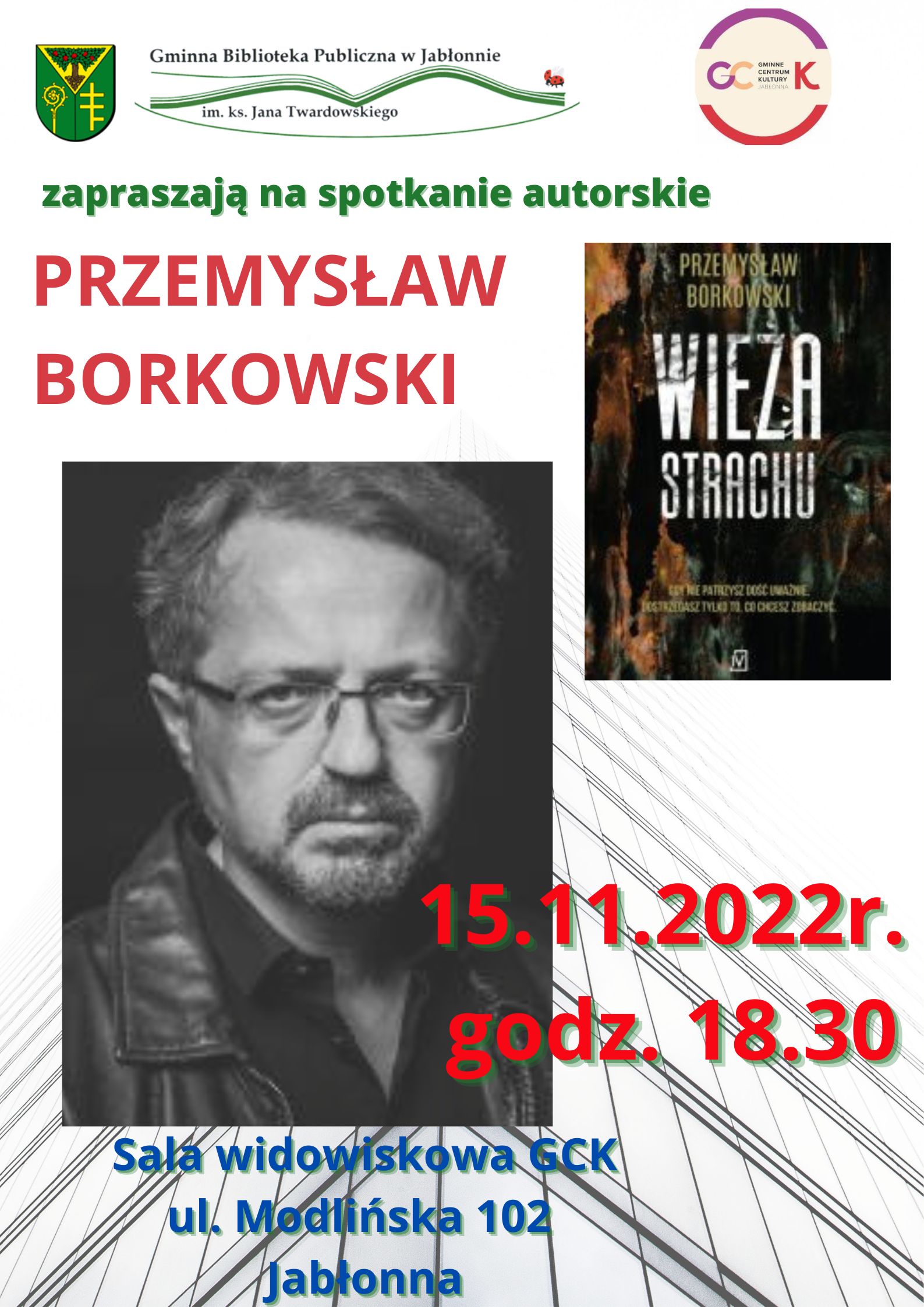 Plakat informujący o spotkaniu autorskim z Przemysławem Borkowskim