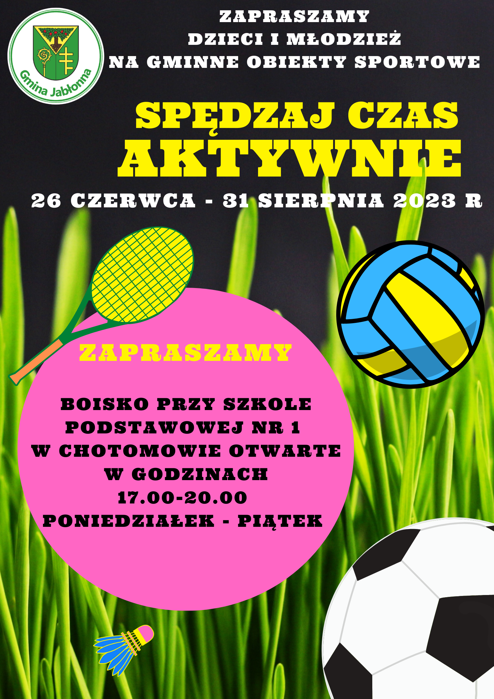 Plakat informujący o możliwości korzystania z gminnych obiektów sportowych w okresie 26 czerwca - 31 sierpnia 2023 roku